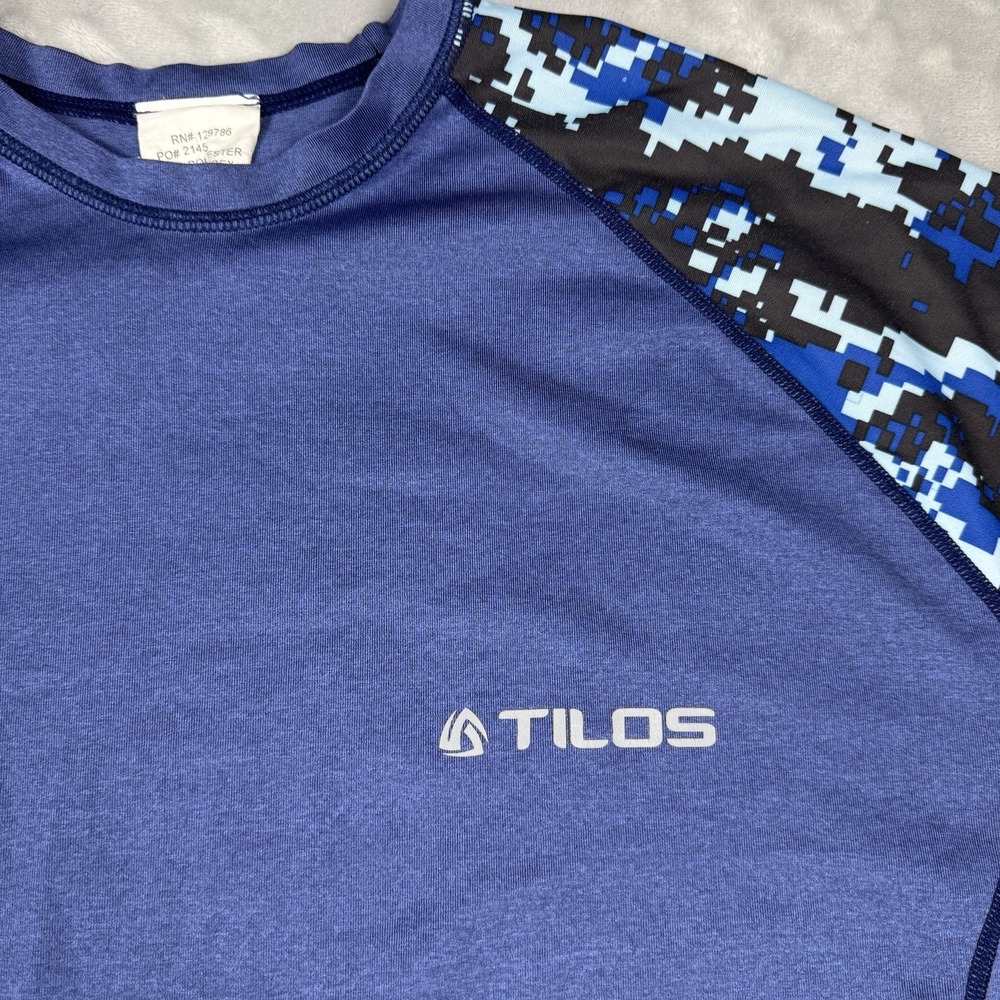Tilos Mens Rash Guard Long Sleeve Blue Digital Camo Swim Shirt Large PO 2145
